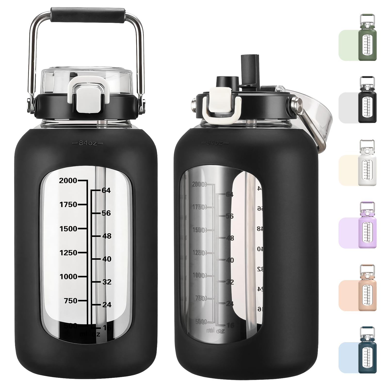 MUKOKO 100oz Glass Water Bottle with Time Marker and Silicone Sleeve 3L Large Water Jug with Stainless Steel Handle Gallon Drinking Bottle with 2-in-1 Lid Wide Mouth BPA Free, Purple