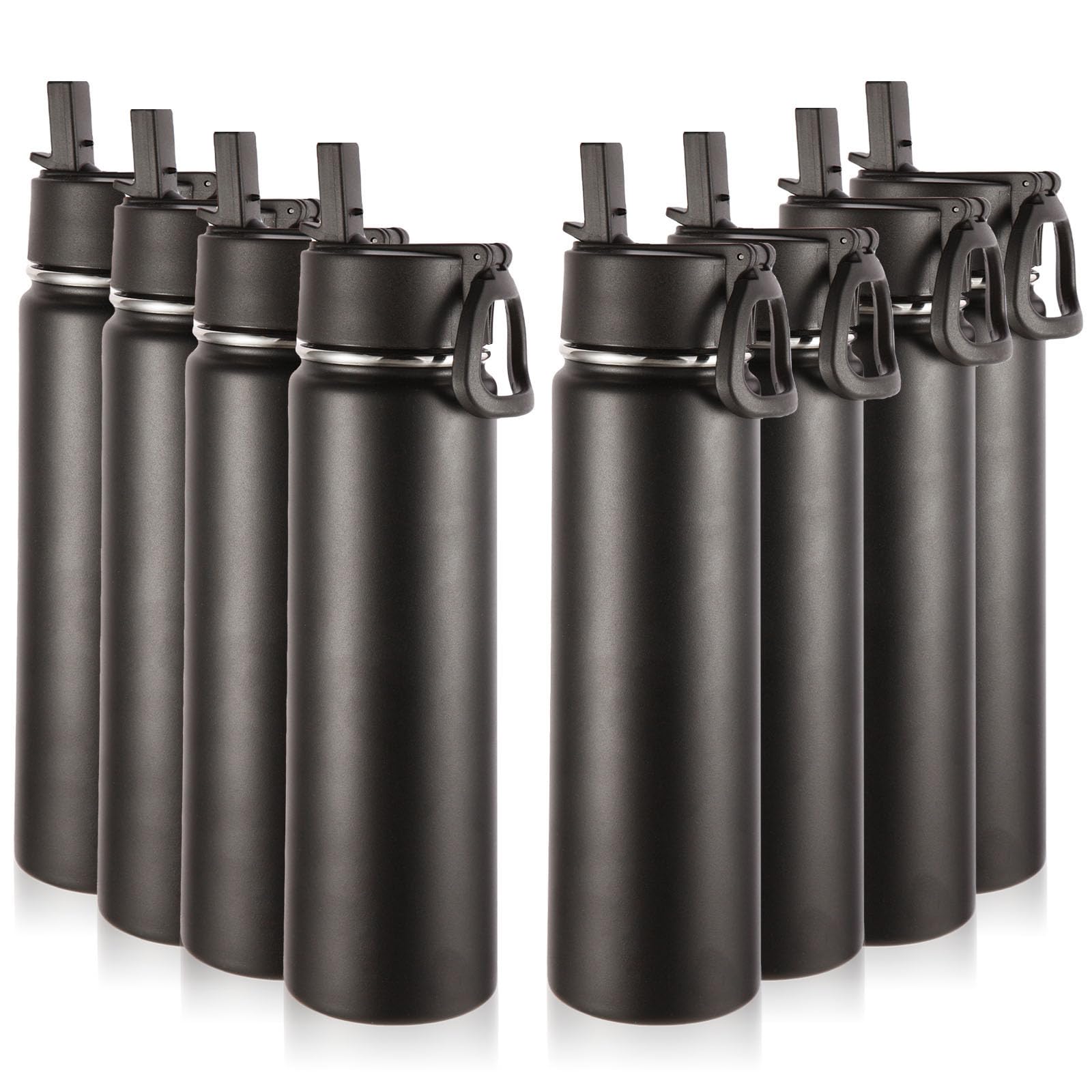 Volhoply 24oz Insulated Water Bottle With Straw Bulk 8 Pack,Metal Wide Mouth Water Bottles With Handle Lid Keep Cold,Reusable Double Wall Cups,Powder Coated Sport Bottle For Holder(silver,8 count)