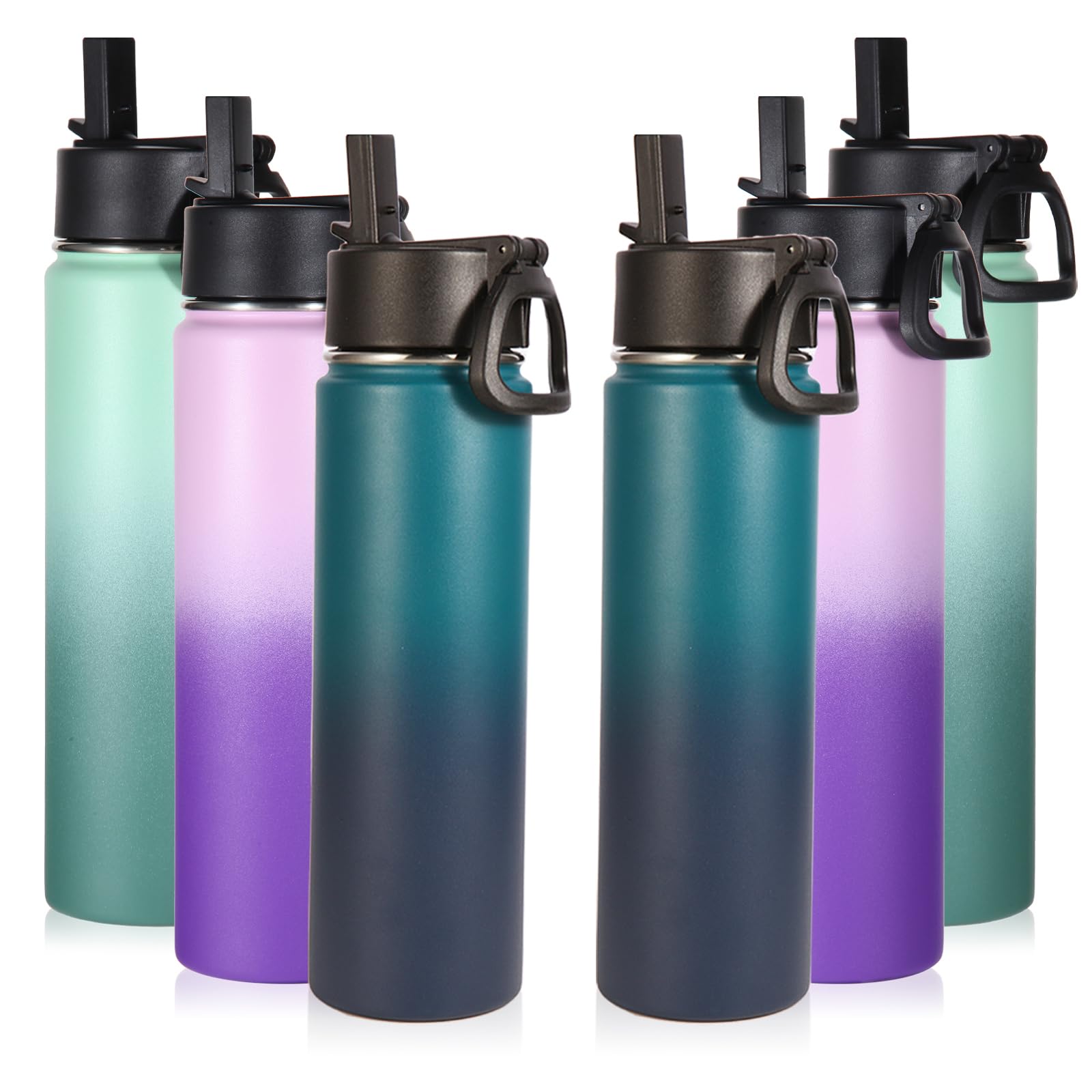 Volhoply 24oz Insulated Water Bottle With Straw Bulk 8 Pack,Metal Wide Mouth Water Bottles With Handle Lid Keep Cold,Reusable Double Wall Cups,Powder Coated Sport Bottle For Holder(silver,8 count)