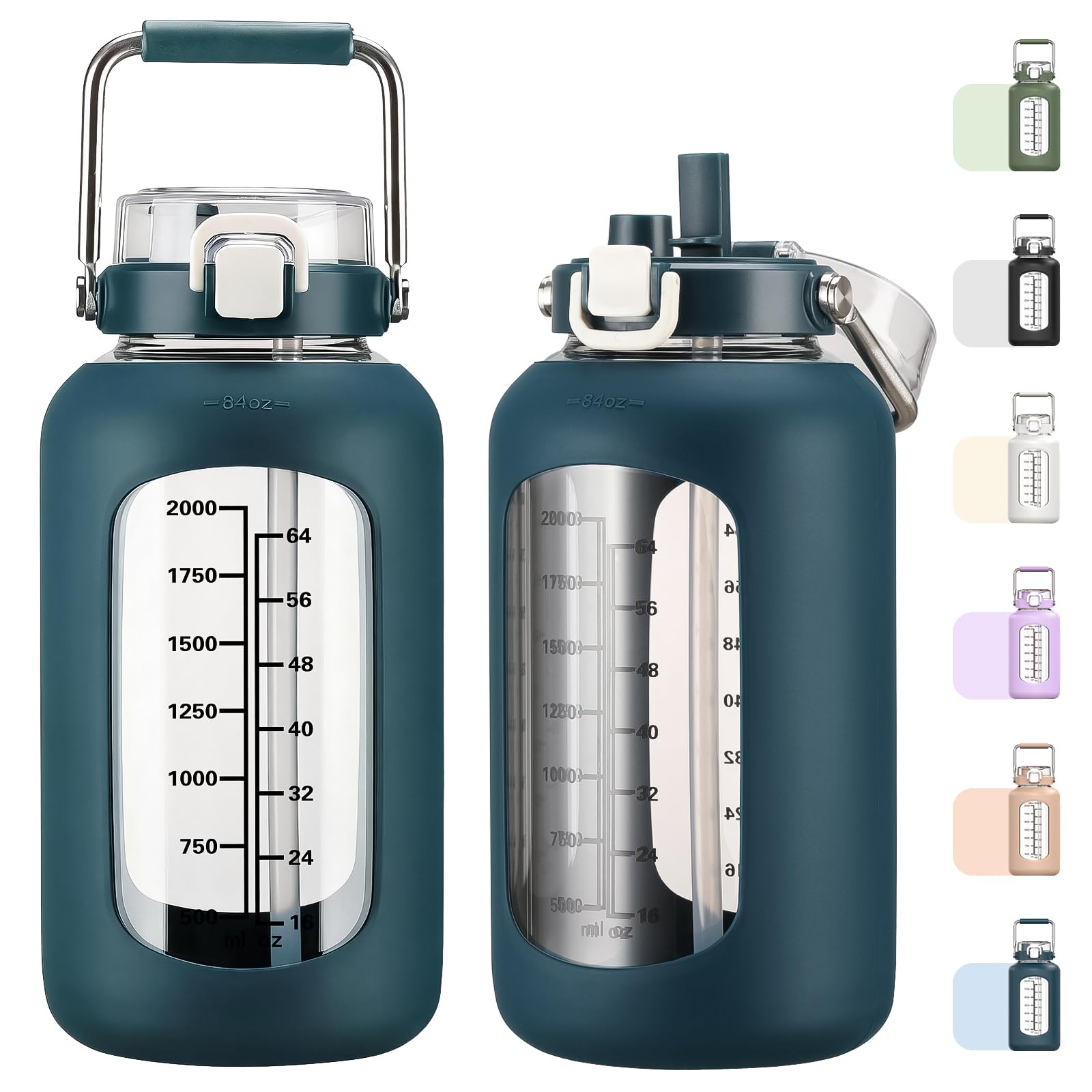 MUKOKO 100oz Glass Water Bottle with Time Marker and Silicone Sleeve 3L Large Water Jug with Stainless Steel Handle Gallon Drinking Bottle with 2-in-1 Lid Wide Mouth BPA Free, Purple