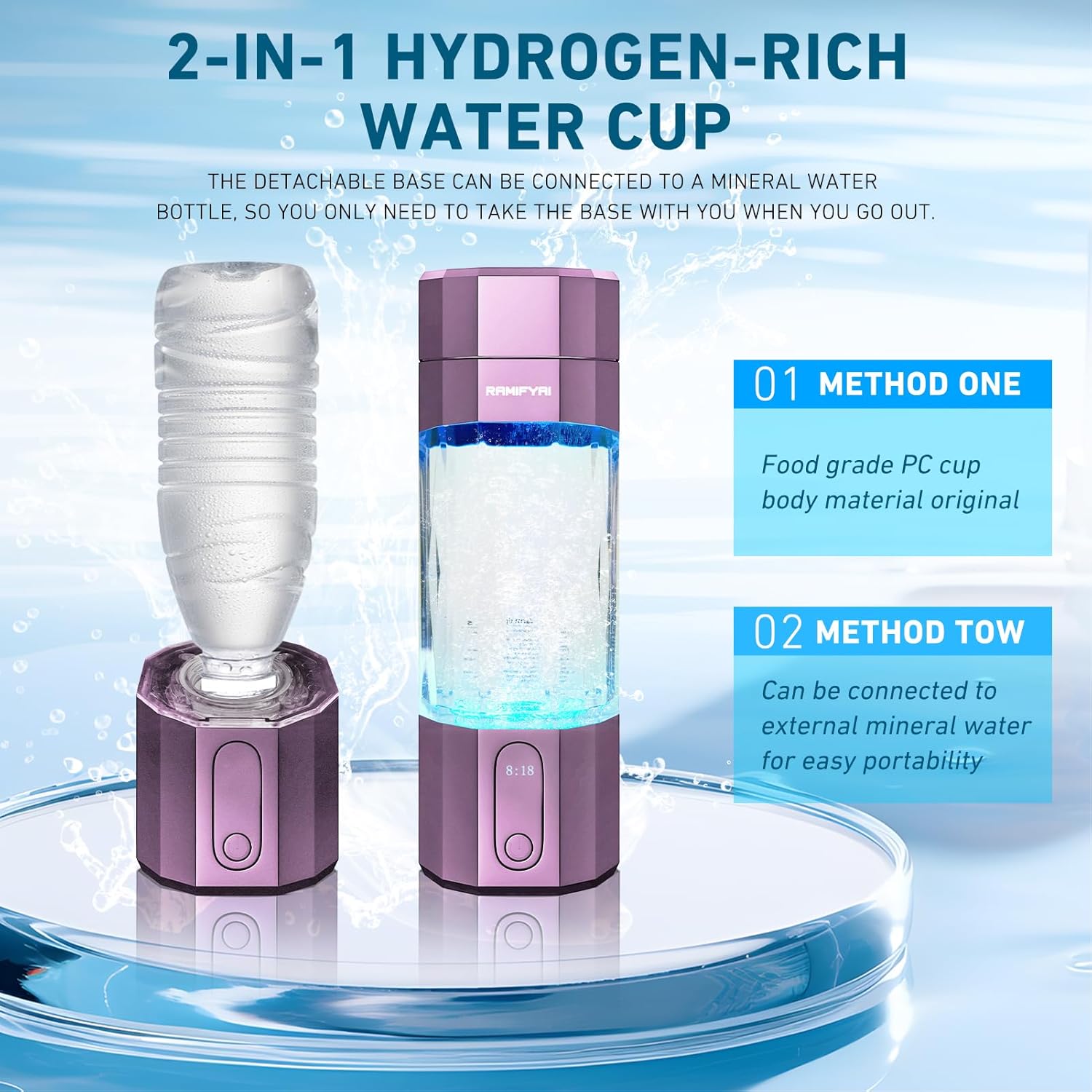 New Upgrade 10000PPB Hydrogen Water Bottle SPE/PEM Technology Seven Colorful Light Double Anti-Slip and Leak-Proof Hydrogen Water Generator with LCD Display (H80 Purple)