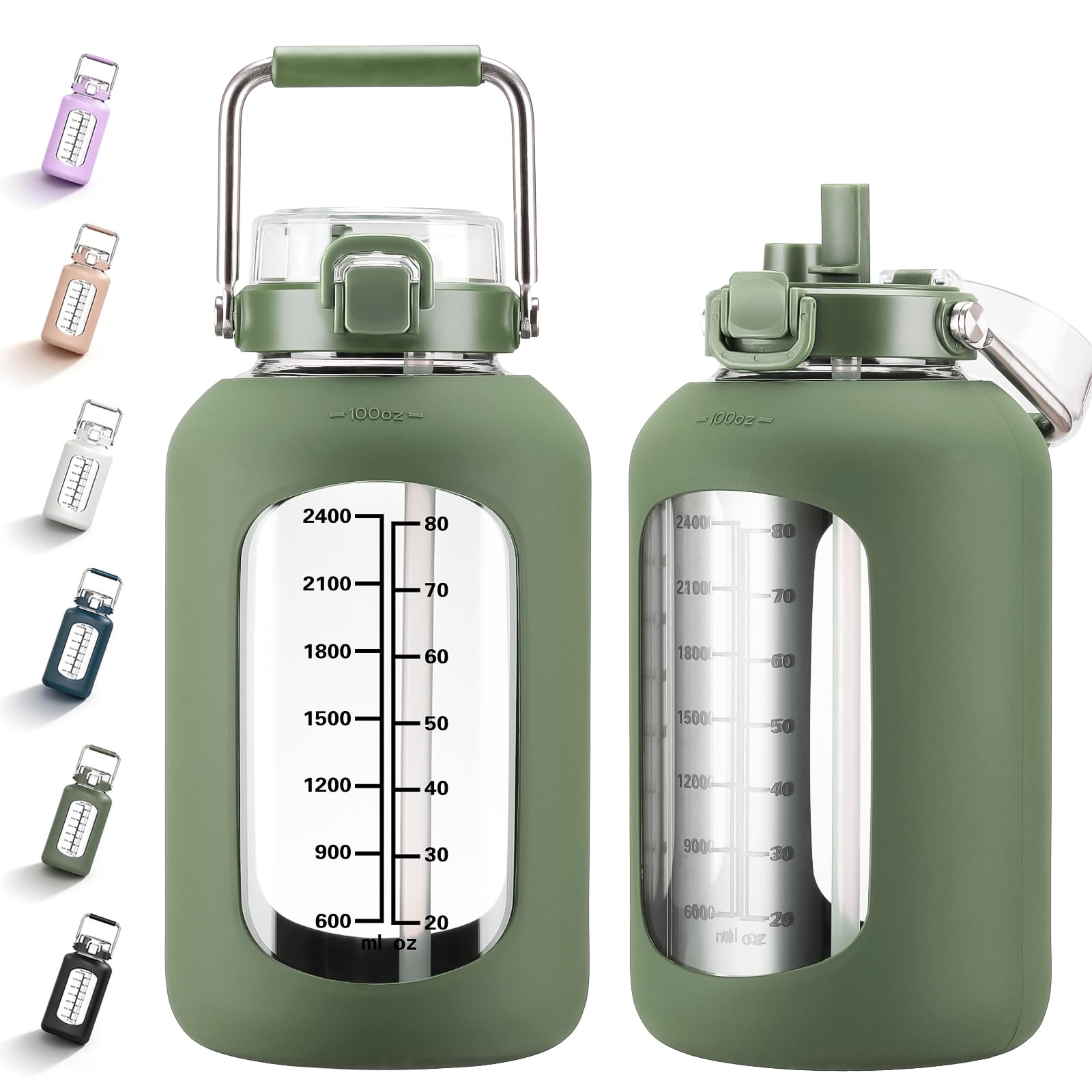 MUKOKO 100oz Glass Water Bottle with Time Marker and Silicone Sleeve 3L Large Water Jug with Stainless Steel Handle Gallon Drinking Bottle with 2-in-1 Lid Wide Mouth BPA Free, Purple