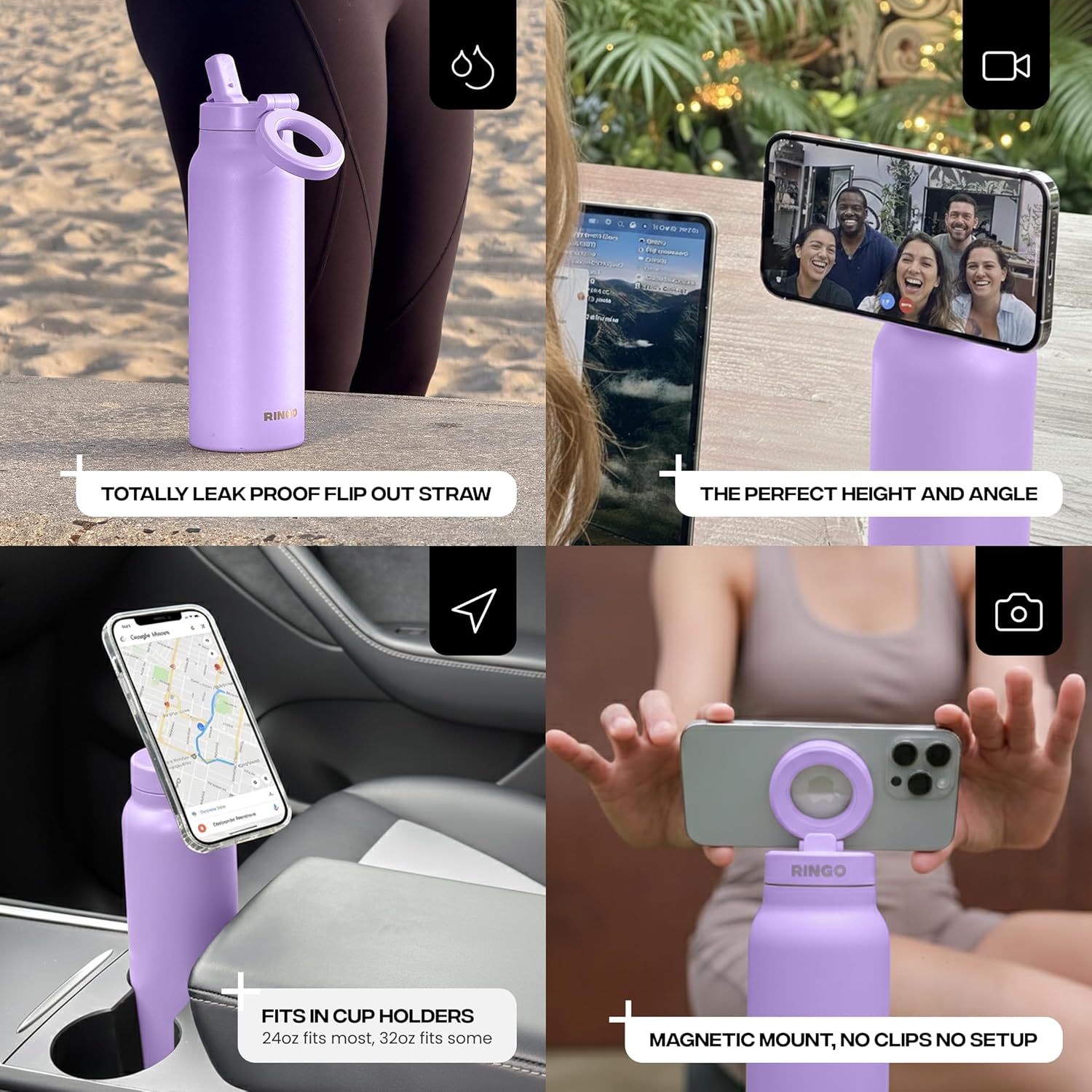 Ringo PRO Water Bottle with Magnetic Phone Mount & Sip Straw Lid - Insulated Stainless Steel Bottle for Workouts, Content Creation, Navigation & Facetime on the Go, 12Hrs Hot/24Hrs Cold Lilac-24oz