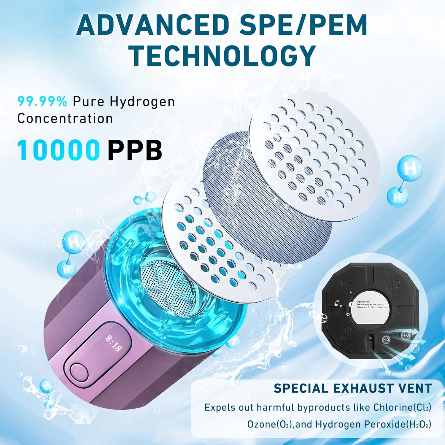 New Upgrade 10000PPB Hydrogen Water Bottle SPE/PEM Technology Seven Colorful Light Double Anti-Slip and Leak-Proof Hydrogen Water Generator with LCD Display (H80 Purple)