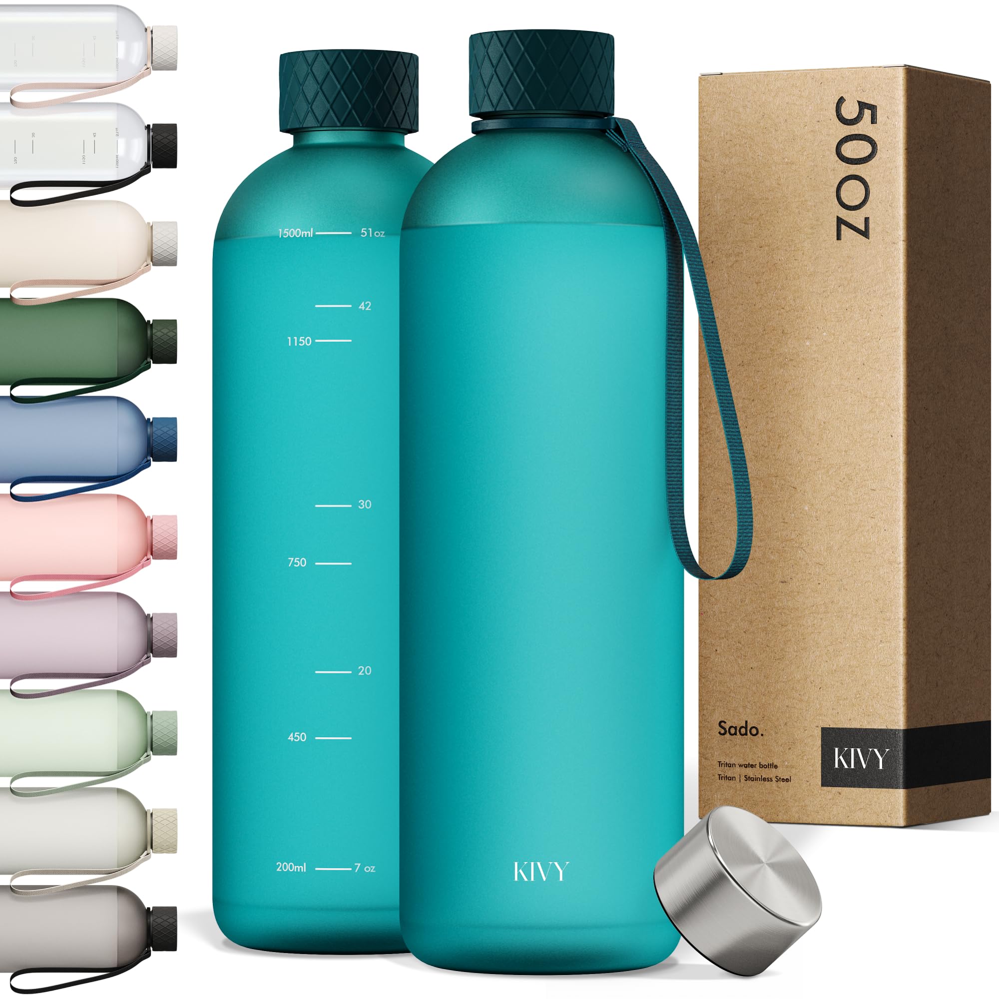 KIVY Large Water Bottle 50oz [Lightweight & Shatterproof] Fits Backpack & Cupholder for Travel, Sports, School - Extra large water bottle no straw - 1.5 Liter water bottles - 50oz Water bottle Green