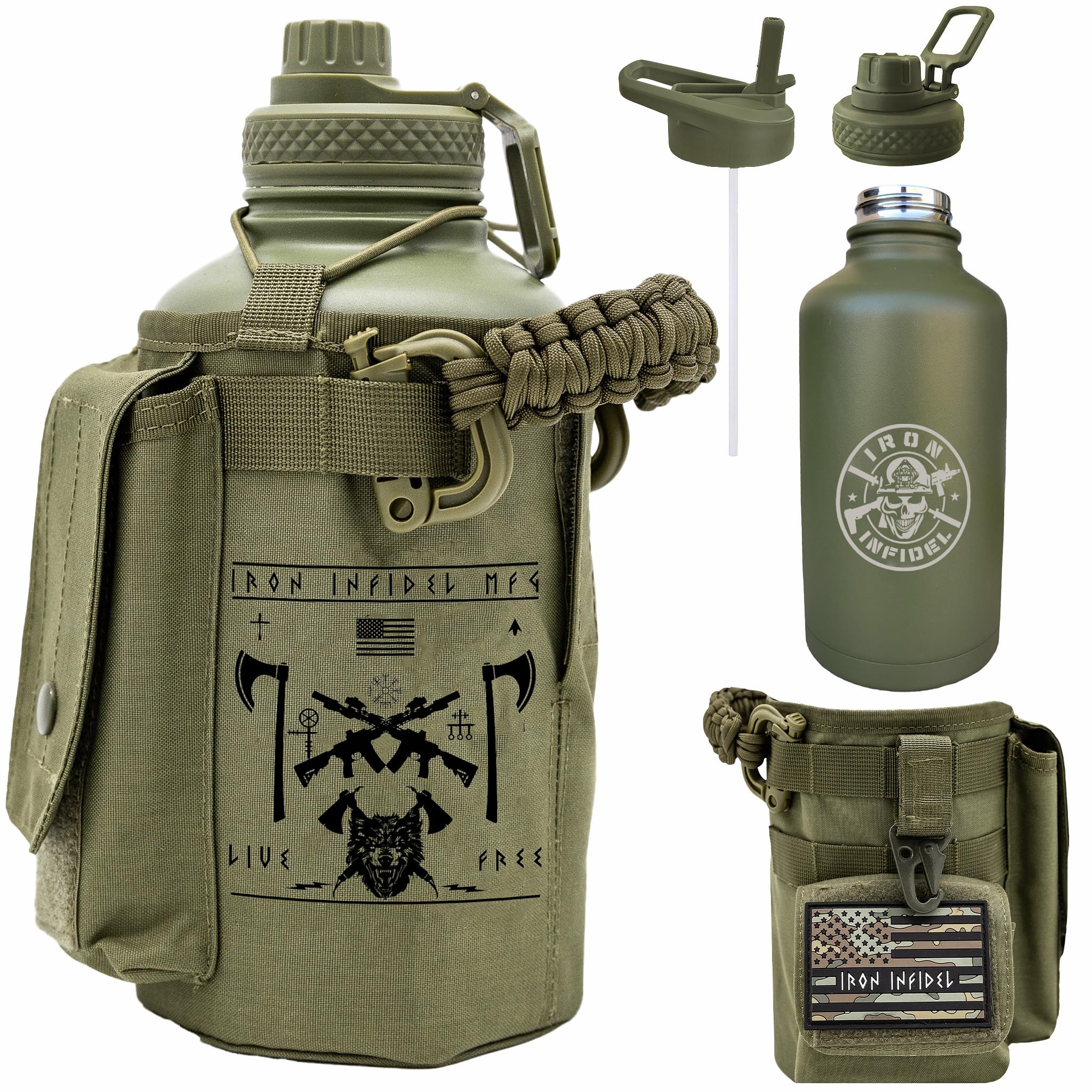 Iron Infidel Battle Bottle - Half Gallon Insulated Stainless Steel Water Jug with Handle - Gym Bottle for Men with Rugged Sleeve (Overland 2 Liter)